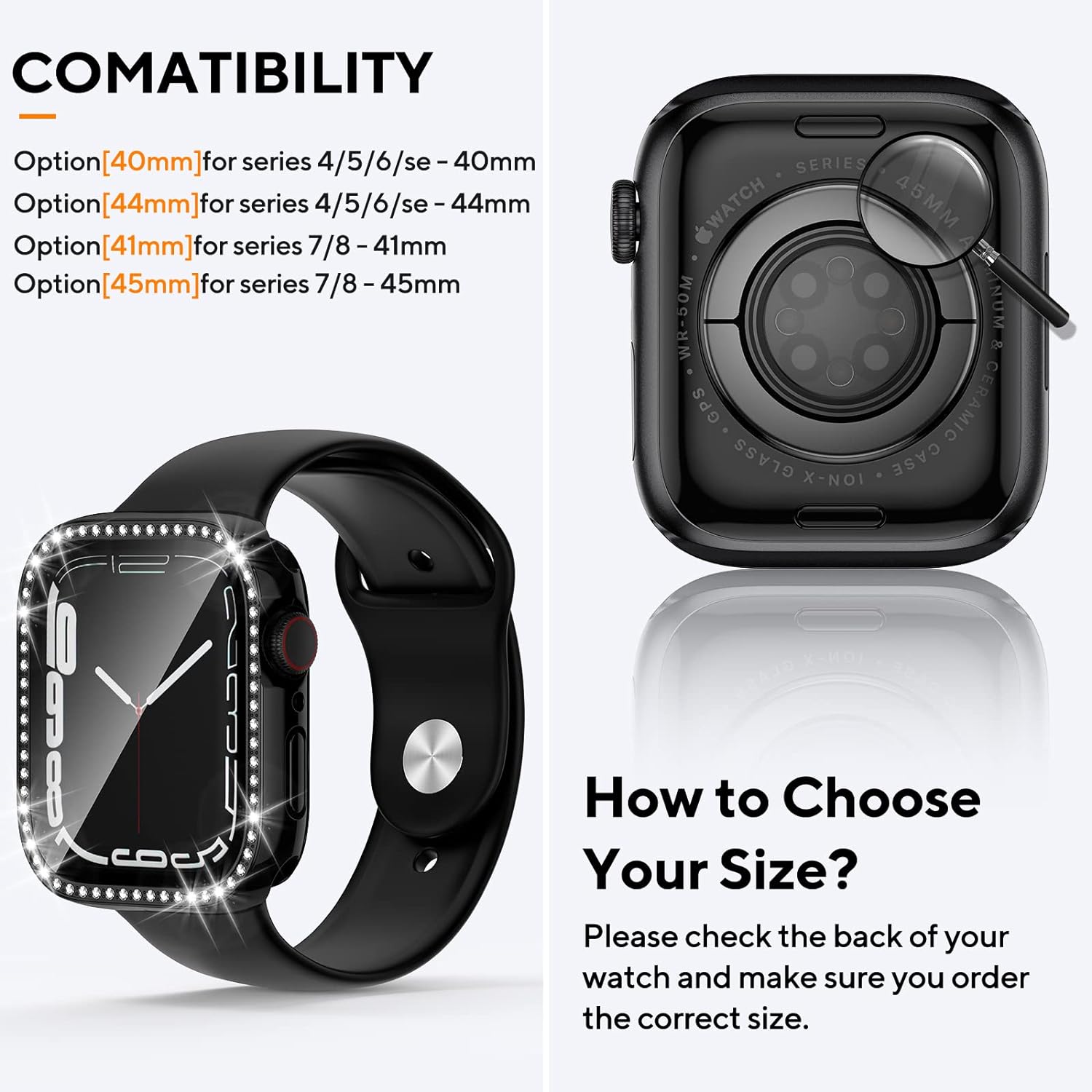 2 in 1 Bling Waterproof Case for Apple Watch Series 8 7 41mm, 360 Protective PC Cover Front & Back Bumper with Tempered Glass Screen Protector, Crystal Diamond iWatch Cases for Women, 41mm Silver - Image 7